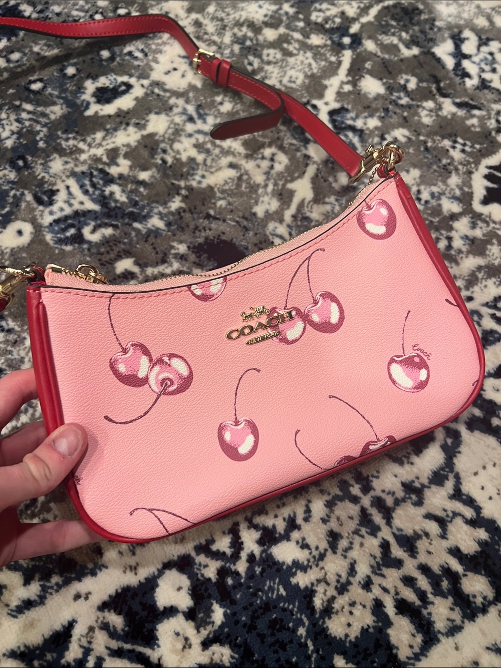 Coach Pink Cherry-Print Leather Shoulder Bag with Red Trim